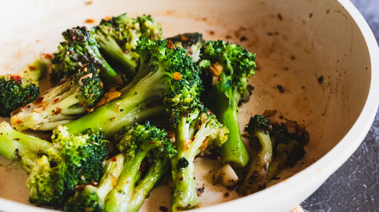 Broccoli stir-fried in soy sauce and garlic and chili