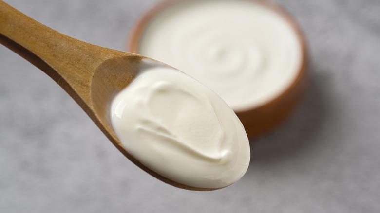 Wooden spoon with Greek yogurt
