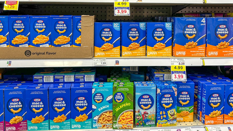 Boxes of mac and cheese on grocery store shelves