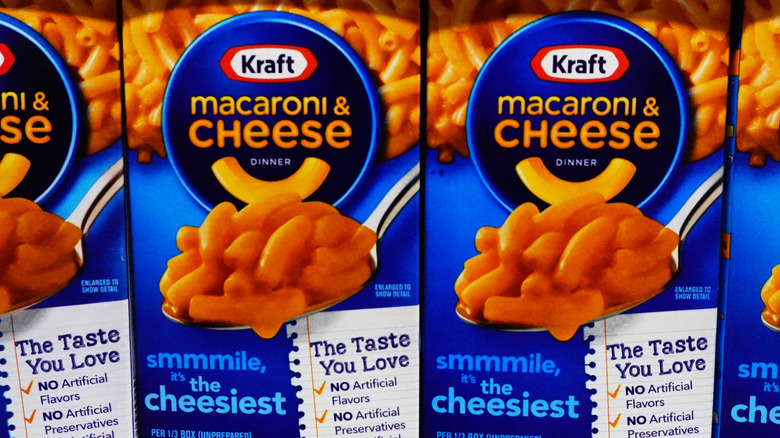 Blue boxes of Kraft Macaroni and Cheese