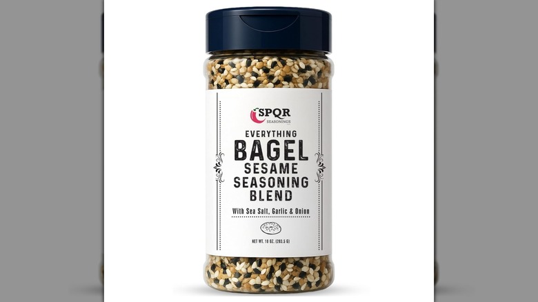 A bottle of SPQR Seasonings Everything Bagel Sesame Seasoning Blend on a white background