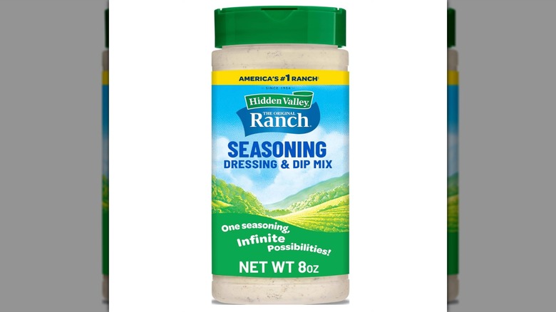 A bottle of Hidden Valley Ranch seasoning powder on a white background