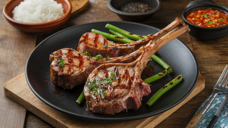 Three grilled lamb chops on a black plate