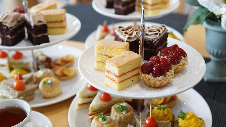 Cakes and desserts on a cake stand