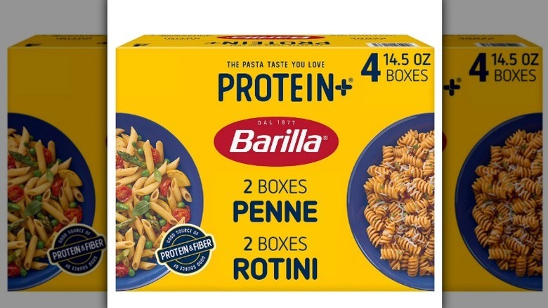 Protein pasta variety box in a yellow package on white background