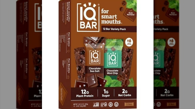 IQ protein bars in a brown box on a white background