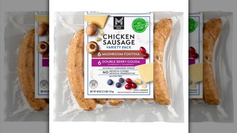 Chicken sausage variety pack on white background
