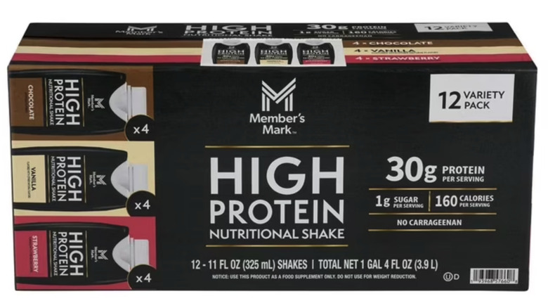 High protein shakes in a black box with chocolate, vanilla, and strawberry flavors advertised on white background