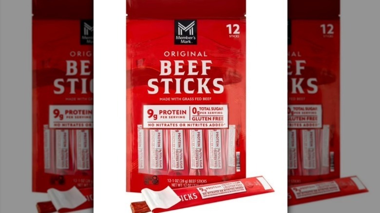 Member's Mark beef sticks in a red package on white background