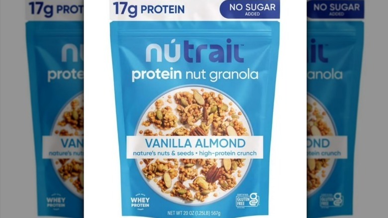 Nutrail protein nut granola in a blue bag on white background