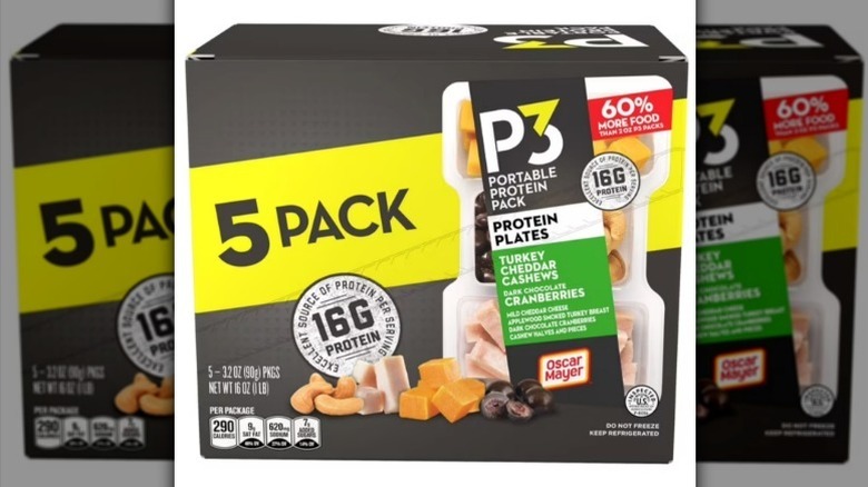 P3 protein snack plates in a black and yellow box on white background