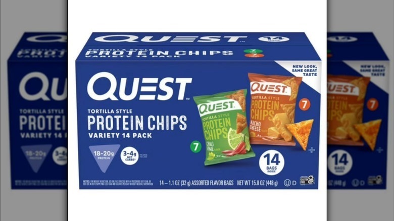 Quest protein chips variety pack in a blue box on white background