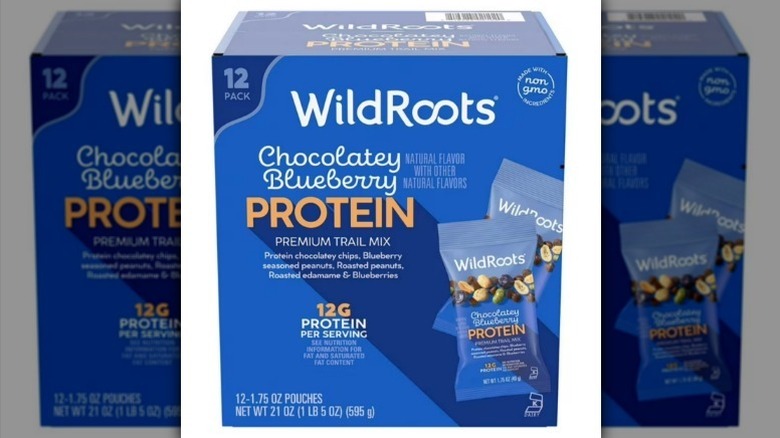 WildRoots chocolate blueberry trail mix in a blue box on white background