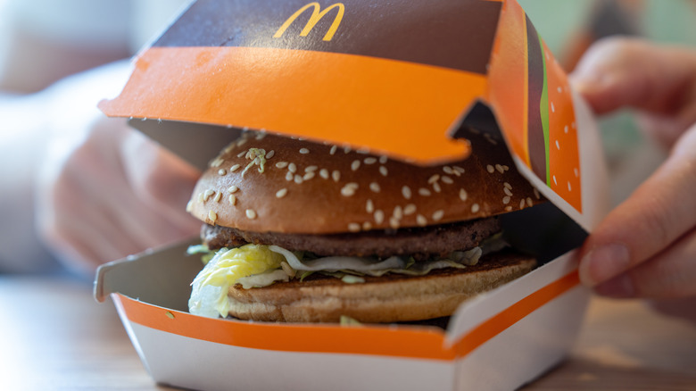 A McDonald's Big Mac in a cardboard box