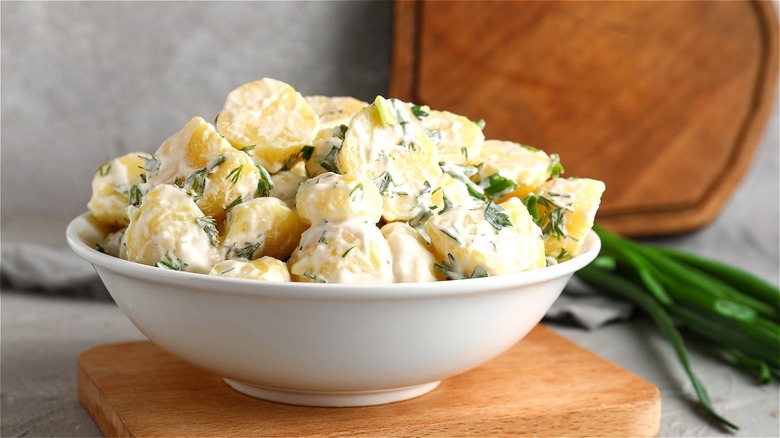Potato salad in white bowl 