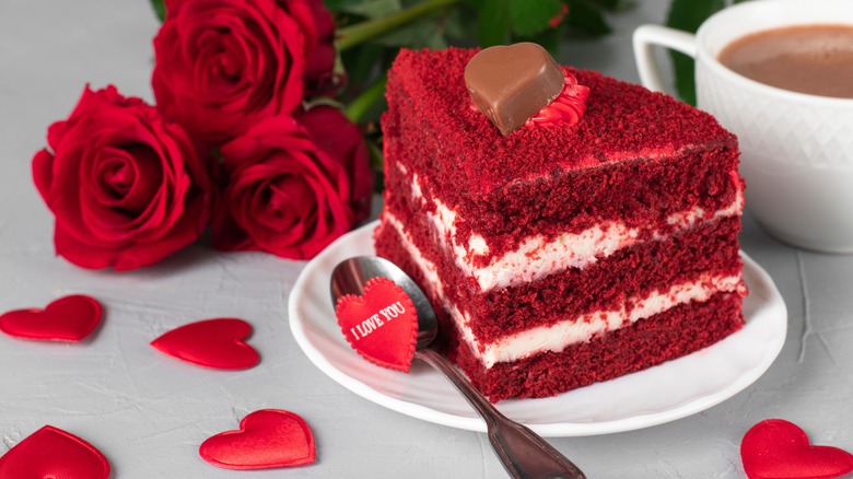 A piece of red velvet cake on a plate