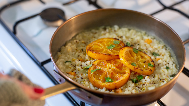 Rice cooking in a pan