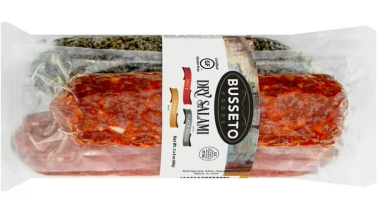 Busseto Foods Dry Salami Chubs on a white background.