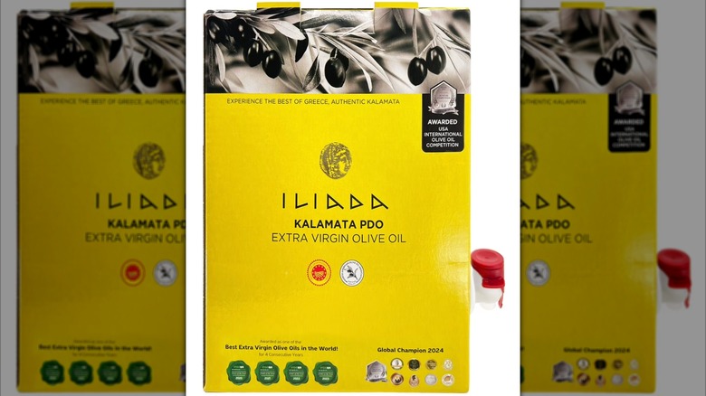 Container of Iliada Kalamata PDO Extra Virgin Olive Oil on a white background.