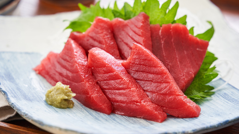 Slices of bluefin tuna on a plate