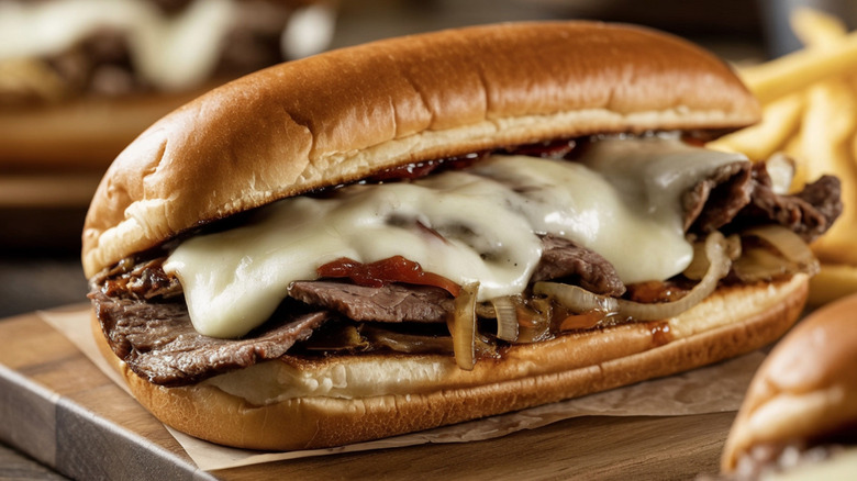 Close up of a Philly Cheesesteak on a board