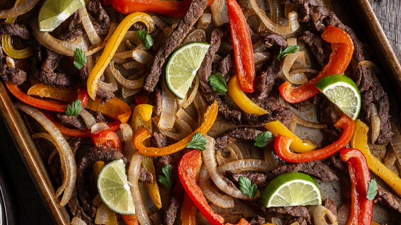 Steak and peppers on a sheet pan