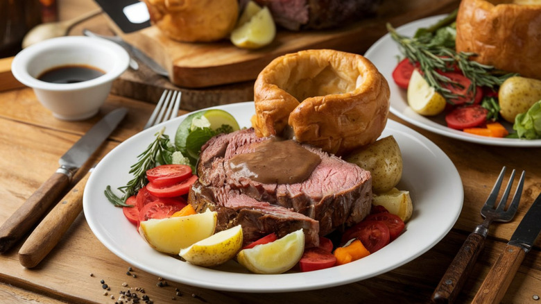 A plate of roast beef with gravy, vegetables, and yorkshire pudding.
