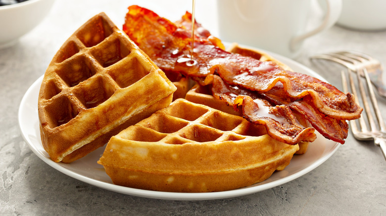 Plate of waffles and bacon