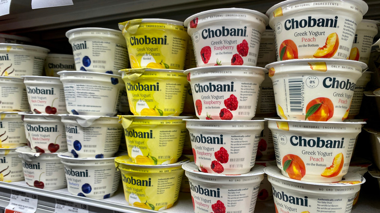 Chobani Greek yogurts on store shelf
