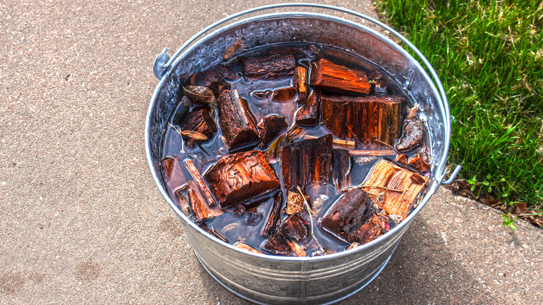 wood chips soaking in bucket