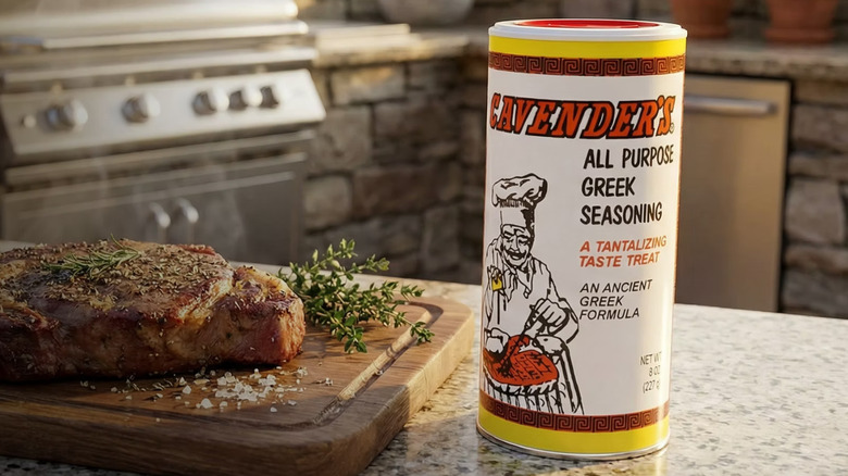 A bottle of Cavender's All Purpose Greek Seasoning on a marble table