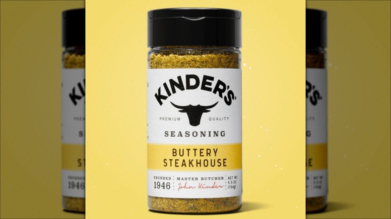 A bottle of Kinder's Buttery Steakhouse Seasoning