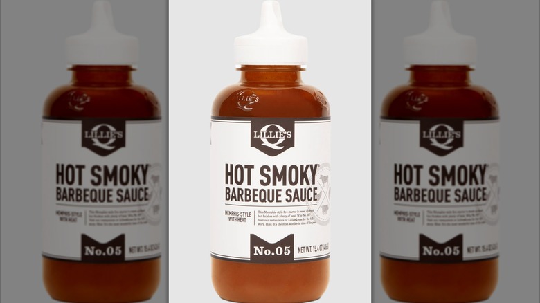 Squeezable bottle of Lillie's Q Hot Smoky BBQ Sauce
