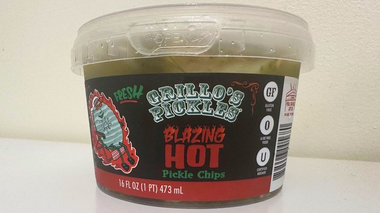 Grillo's blazing pickle chips container