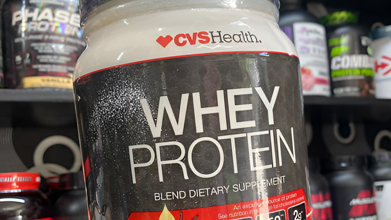 Tub of CVS whey protein powder