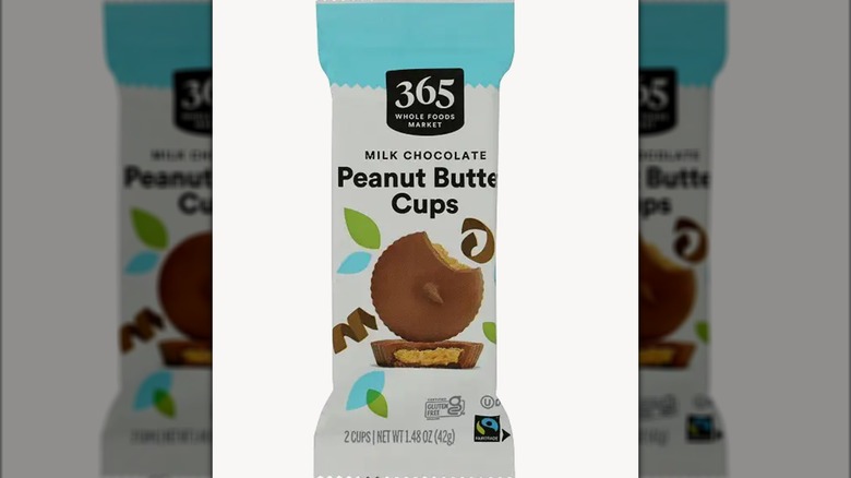 White and teal package of 365 brand peanut butter cups