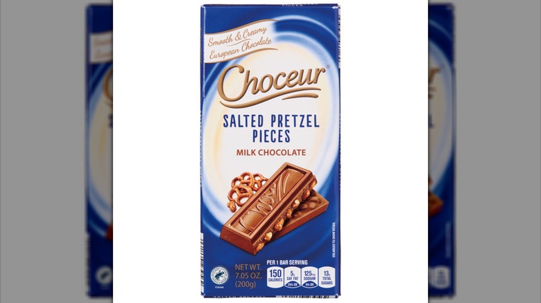 White and blue packaging for Choceur salted pretzel pieces milk chocolate bar