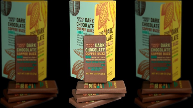 Stack of Trader Joes's dark chocolate coffee buzz bars for product photo