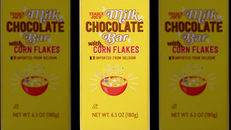 Yellow package for Trader Joe's milk chocolate bar with corn flakes
