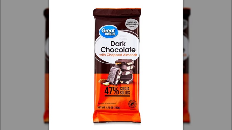 Brown and orange packaging for Great value dark chocolate bar with chopped almonds
