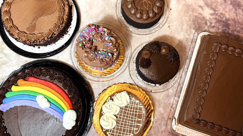 Top-down view of several chocolate cakes