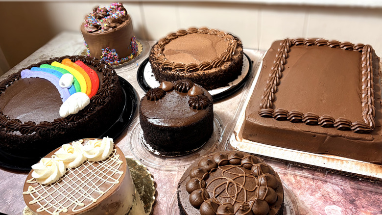 Various chocolate cakes on a table
