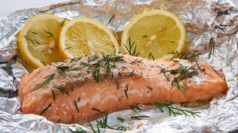 Cooked salmon in foil