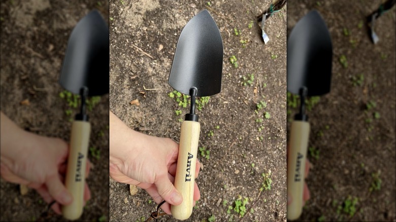 Hand holding the Anvil garden trowel outdoors