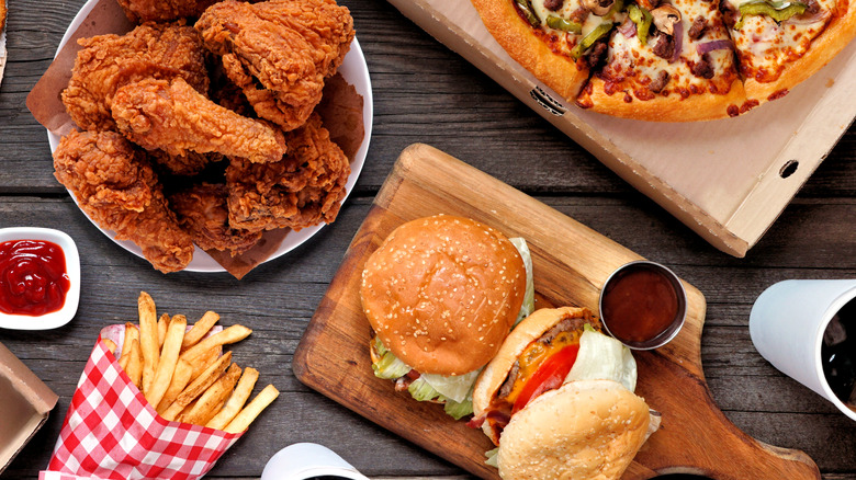 pizza, fried chicken, hamburgers and fries