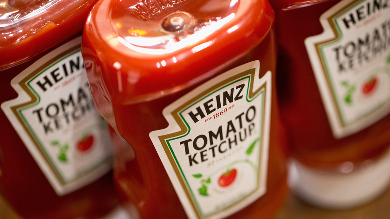 Close up of ketchup bottles