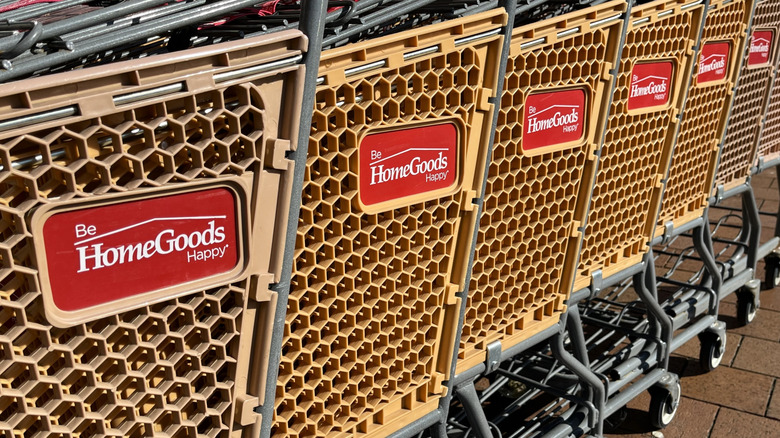 A row of HomeGoods shopping carts with the logo prominently displayed