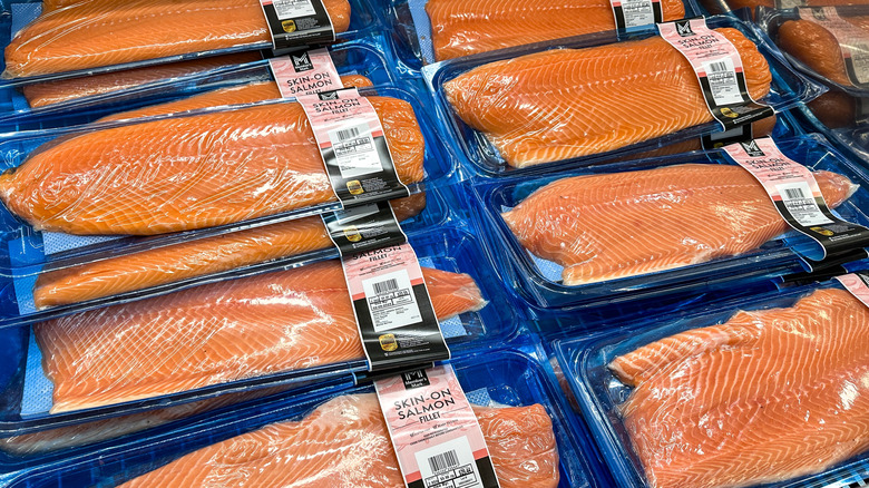 Packages of salmon on display at a Sam's Club store.