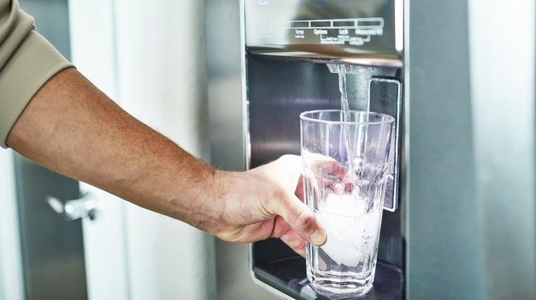 person using refrigerator water dispenser