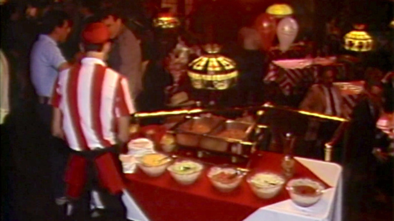 1980s TGI Fridays interior with red and white color scheme